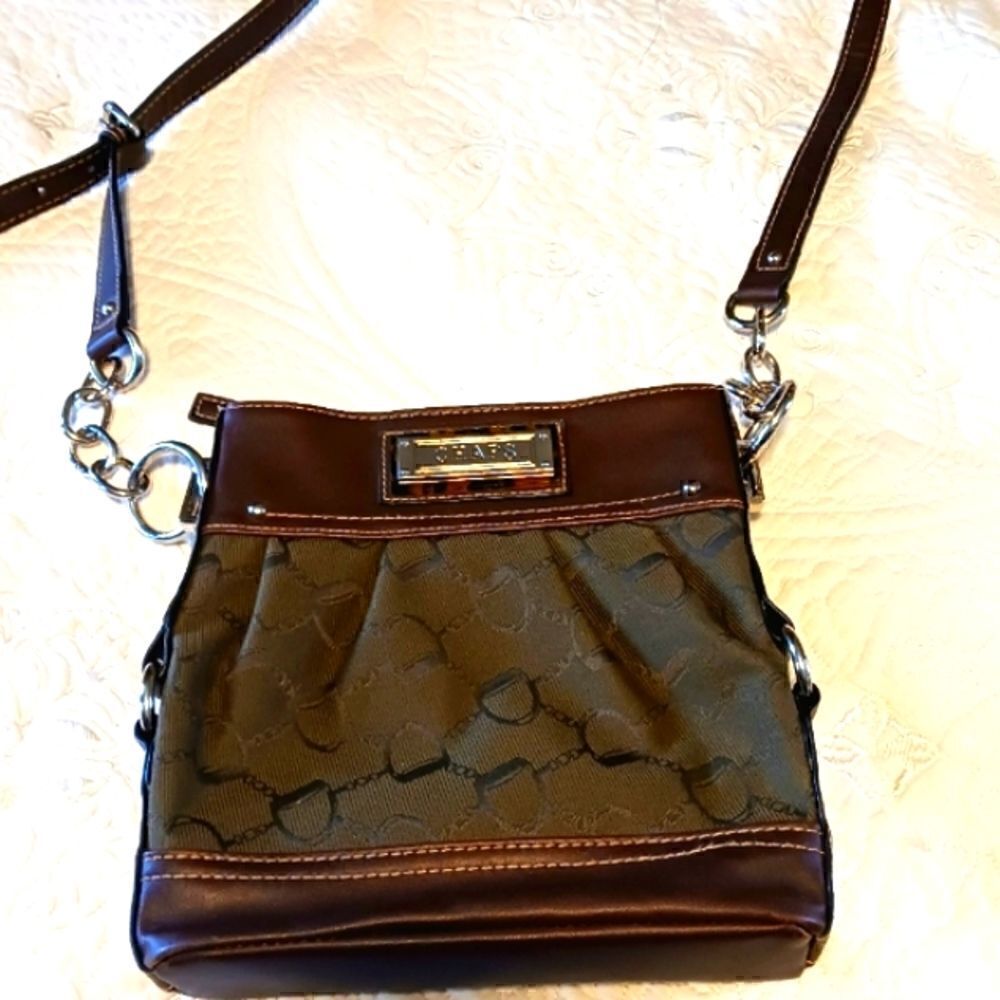 Chaps Crossbody Bag Green Fabric and Brown Vegan Leather